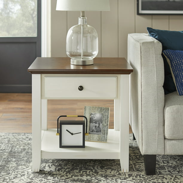 End Table with Charging Station in Walnut Brown Nautical Coastal Square Wood Finish Includes Hardware 